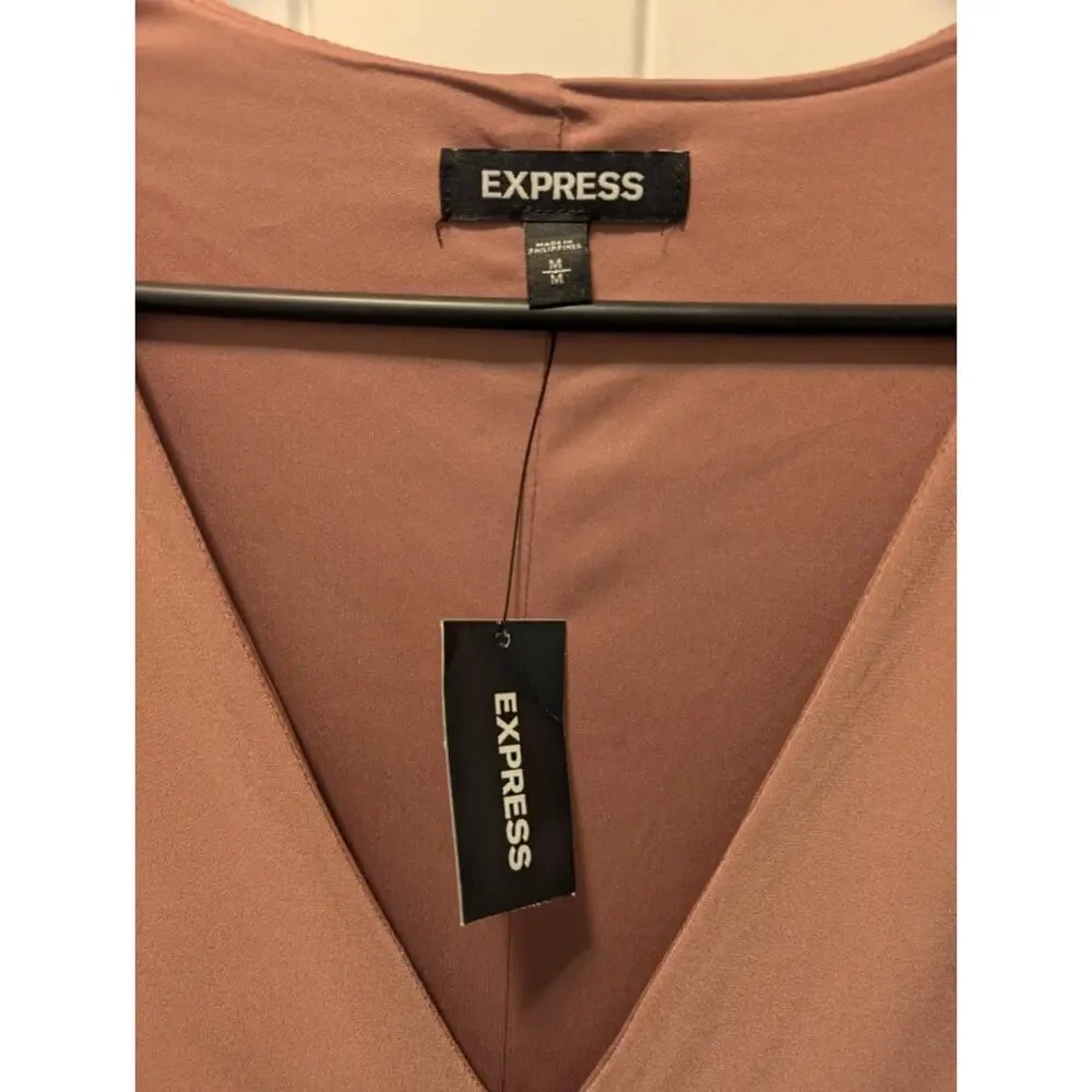 New! Express Ruffle Flutter Sheer Bodycon Vneck Mini Dress Rose Brown Size M - Picture 6 of 11